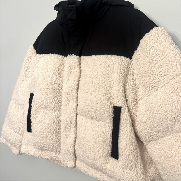 Maje Faux Shearling Padded Quilted Jacket Coat Colorblock Hoodie Sz 1 Oversized - Picture 4 of 16